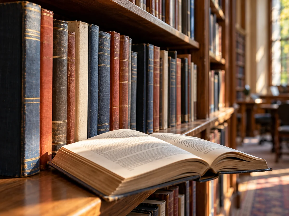 An open reference book beside bound journals in a library